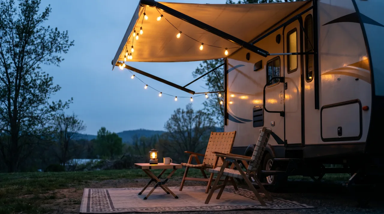 A travel trailer at blue hour with its awning out and string lights along the edge, two wooden camp chairs, a lantern on a low table and an outdoor rug underneath
