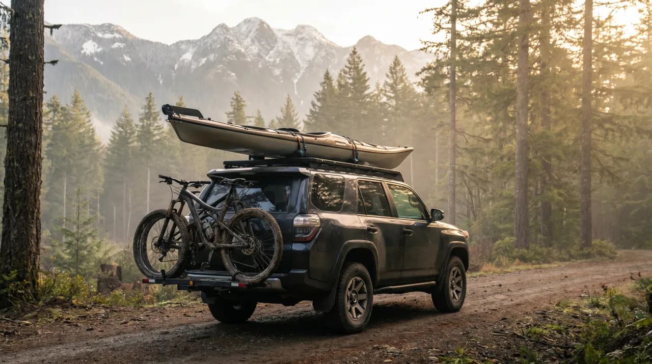 A dark SUV on a forest track with a sea kayak strapped across the roof rack and a full-suspension mountain bike on the hitch rack, misty conifers and snow-streaked peaks behind