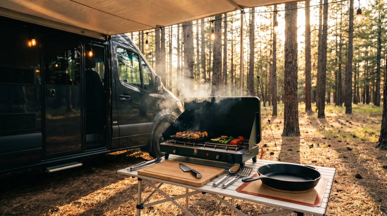 Outdoor camp kitchen with a grill set up beside the rig — PickRV