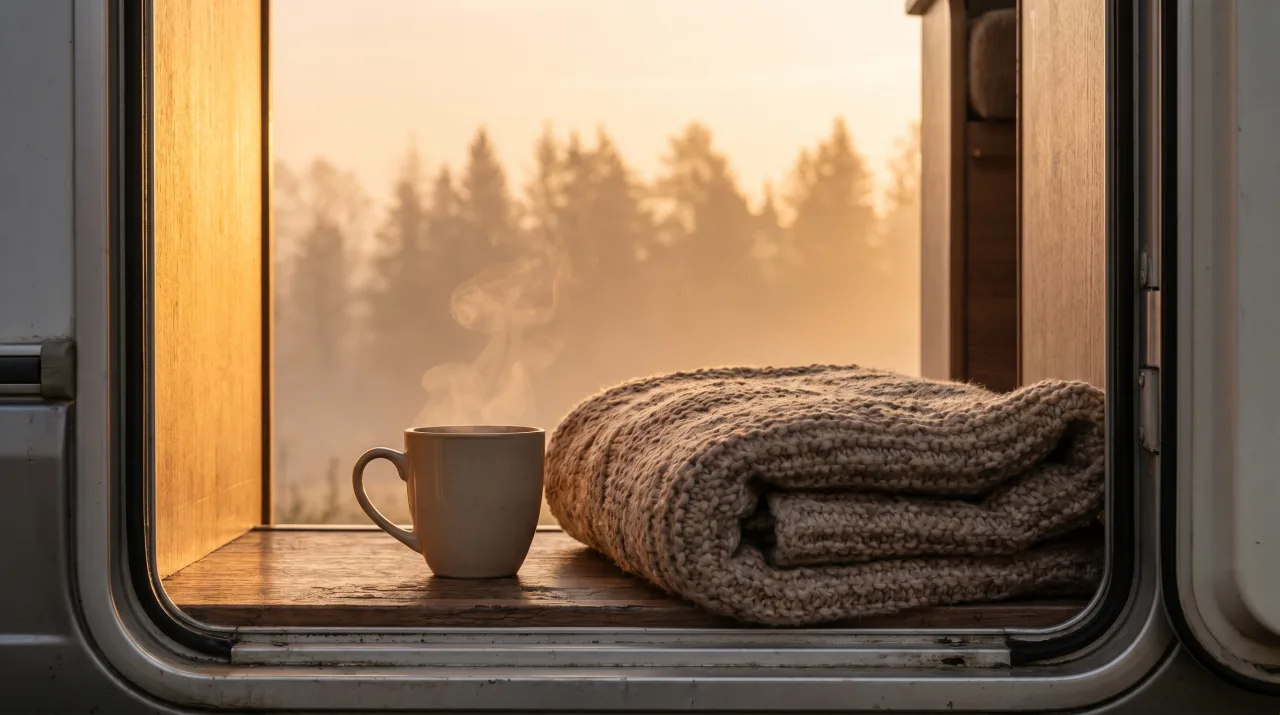 Coffee and a blanket waiting on the doorstep at the campsite — PickRV