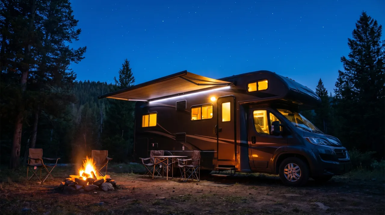 A rig glowing warm from inside at a quiet campsite after dark — PickRV
