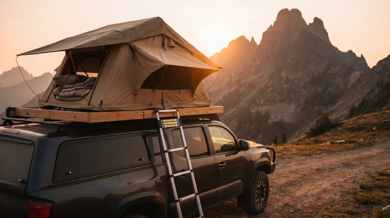 A pickup truck parked on a high mountain track with a canvas rooftop tent open on its bed rack and an aluminium ladder down to the dirt, jagged peaks and a low sun behind