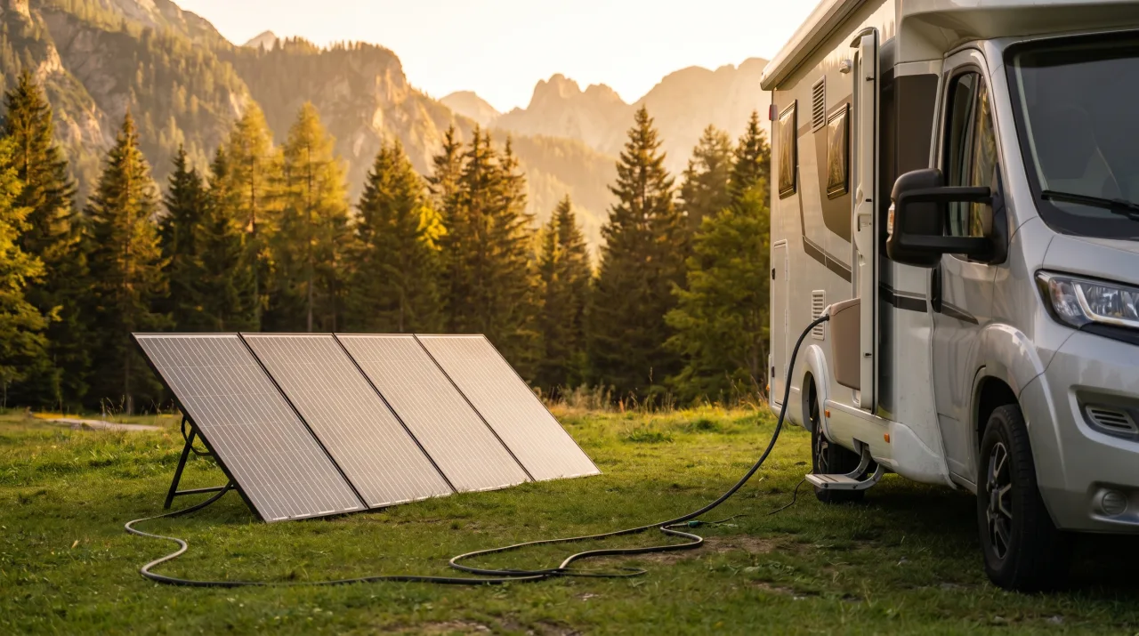 A four-panel folding solar array standing on grass beside a white coachbuilt motorhome with the cable run back to the rig, forested slopes and mountains behind