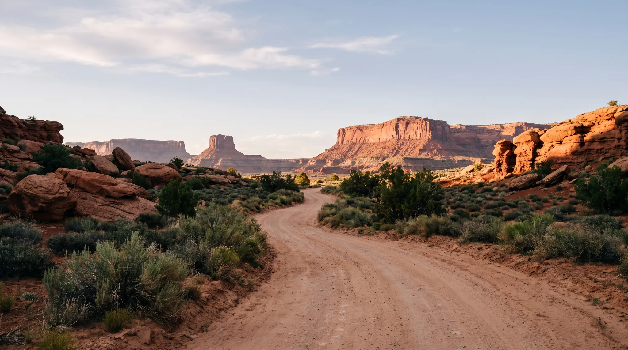 A white side-by-side on a red dirt road among desert buttes