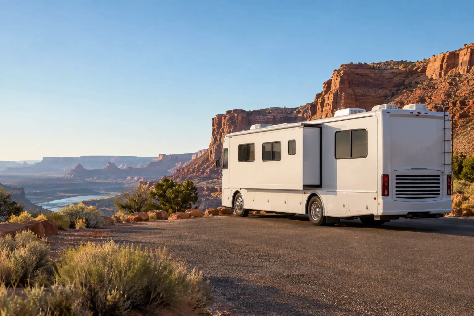 A white Class A motorcoach with its slide extended, parked on a gravel overlook above a red-rock river canyon under a clear morning sky