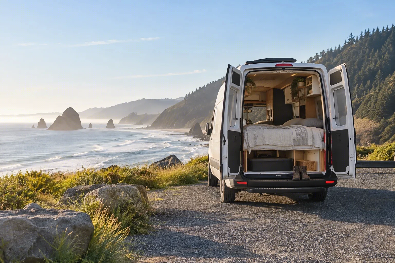 A white camper van parked on a gravel pullout above the Pacific, its rear doors open on a made bed with boots on the step and sea stacks offshore