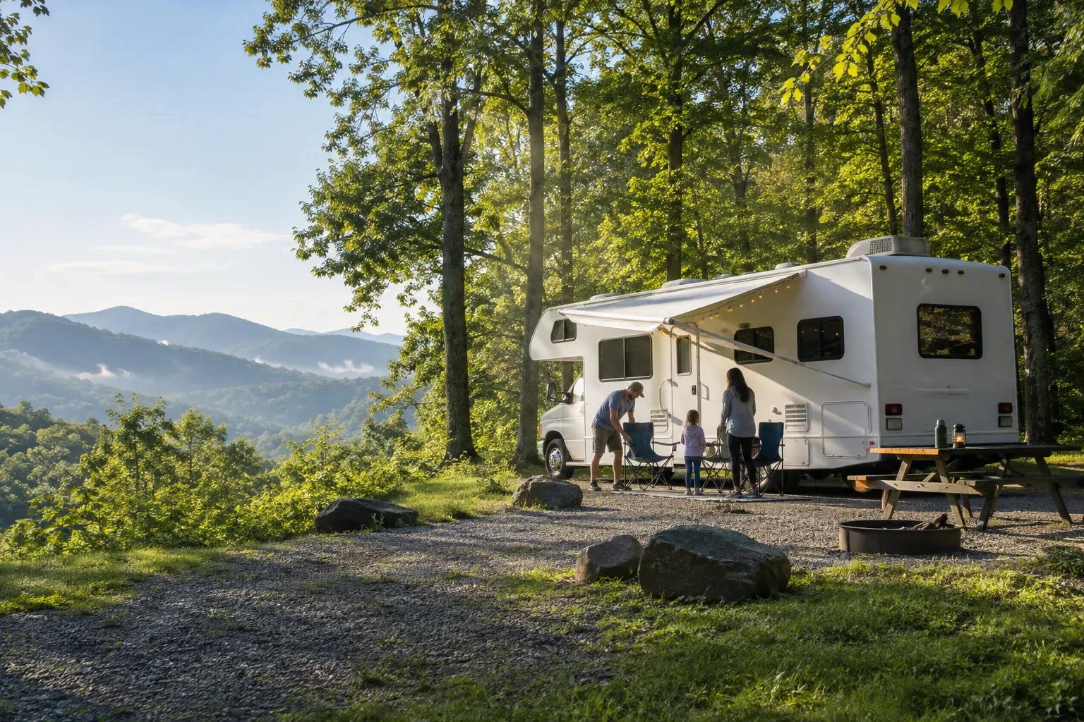 A white Class C motorhome with its overcab berth and awning out on a forested ridge site, camp chairs and a fire ring on the gravel pad, blue mountain ridges beyond