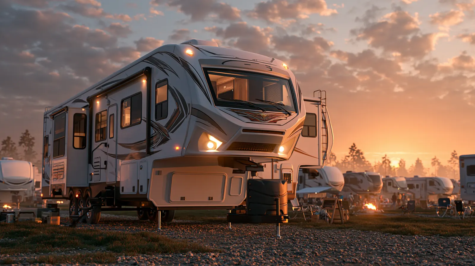 Fifth-wheel trailers lined up at a golden-hour campground gathering