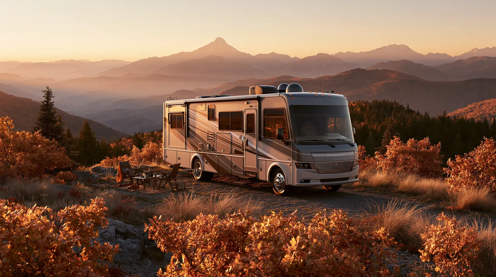 Class A motorhome parked at a mountain overlook among autumn foliage