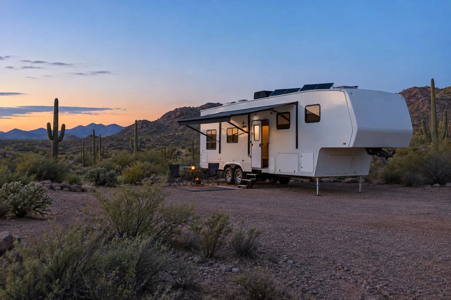 A white fifth-wheel trailer with roof solar and an extended slide on a desert pad among saguaros, the sky going blue-dusk over a warm horizon