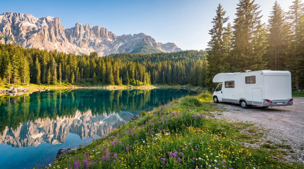Campsite on the shore of a still alpine lake ringed by peaks — PickRV editorial