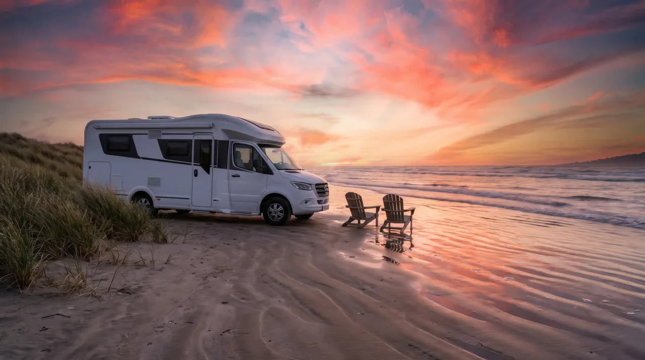 Beachfront campsite with the surf catching a low sunset — PickRV editorial
