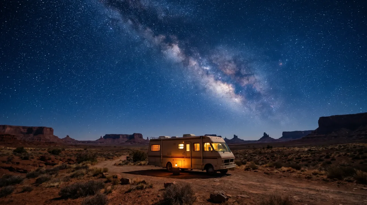 Open desert boondocking spot under a wide field of stars — PickRV editorial
