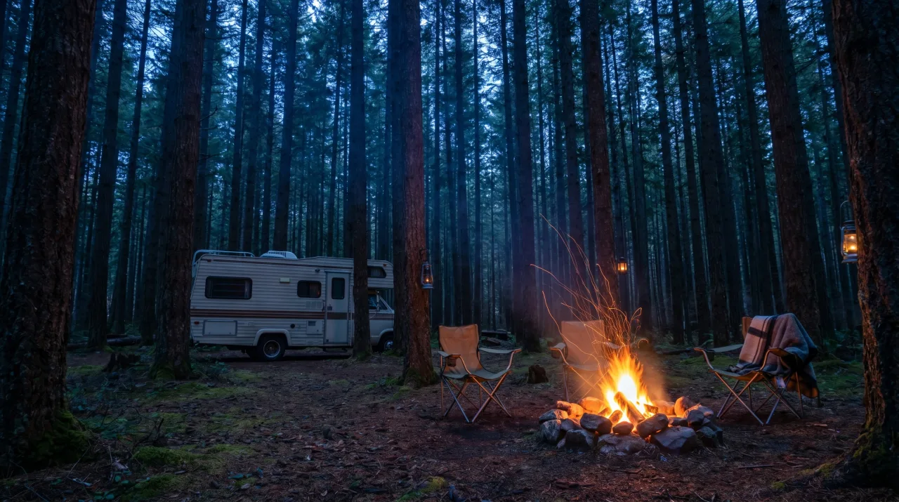 Evening campfire glowing in a clearing among the trees — PickRV editorial