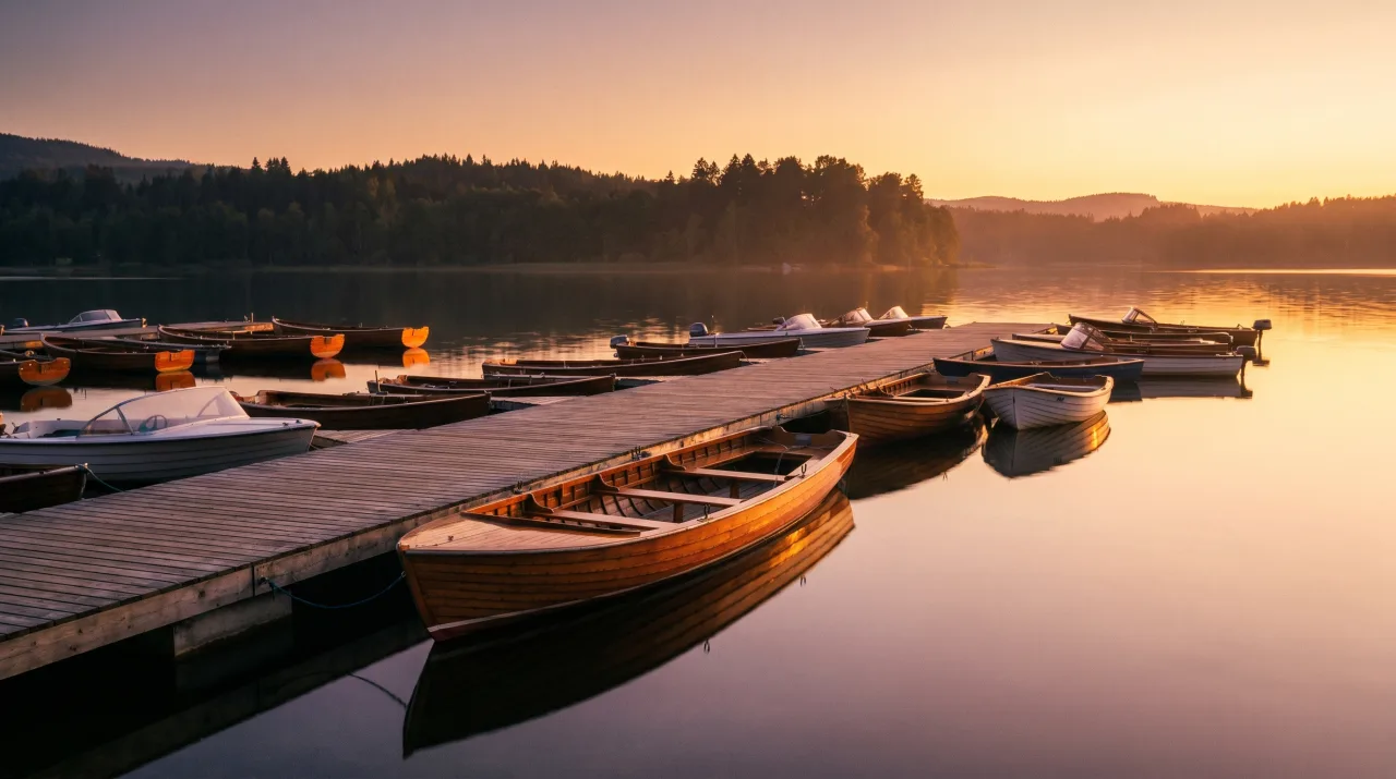 Wooden marina dock reaching out over a calm lake — PickRV editorial