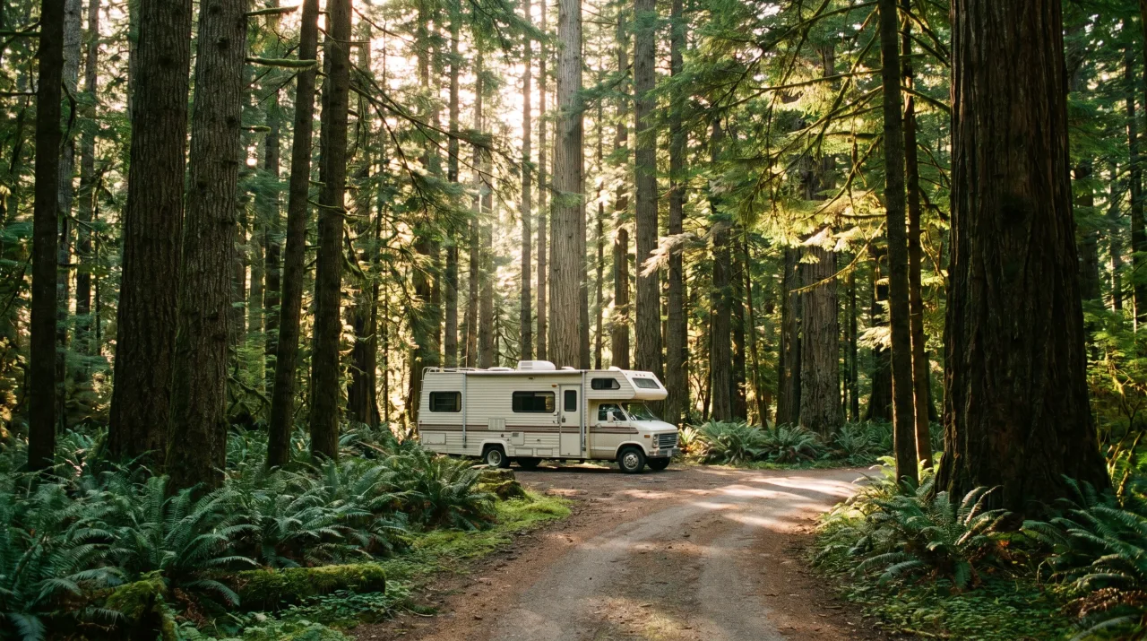 Forested national-park valley under tall conifers — PickRV editorial