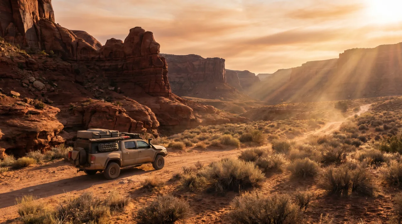 Desert trailhead where the dirt track leaves the pavement — PickRV editorial