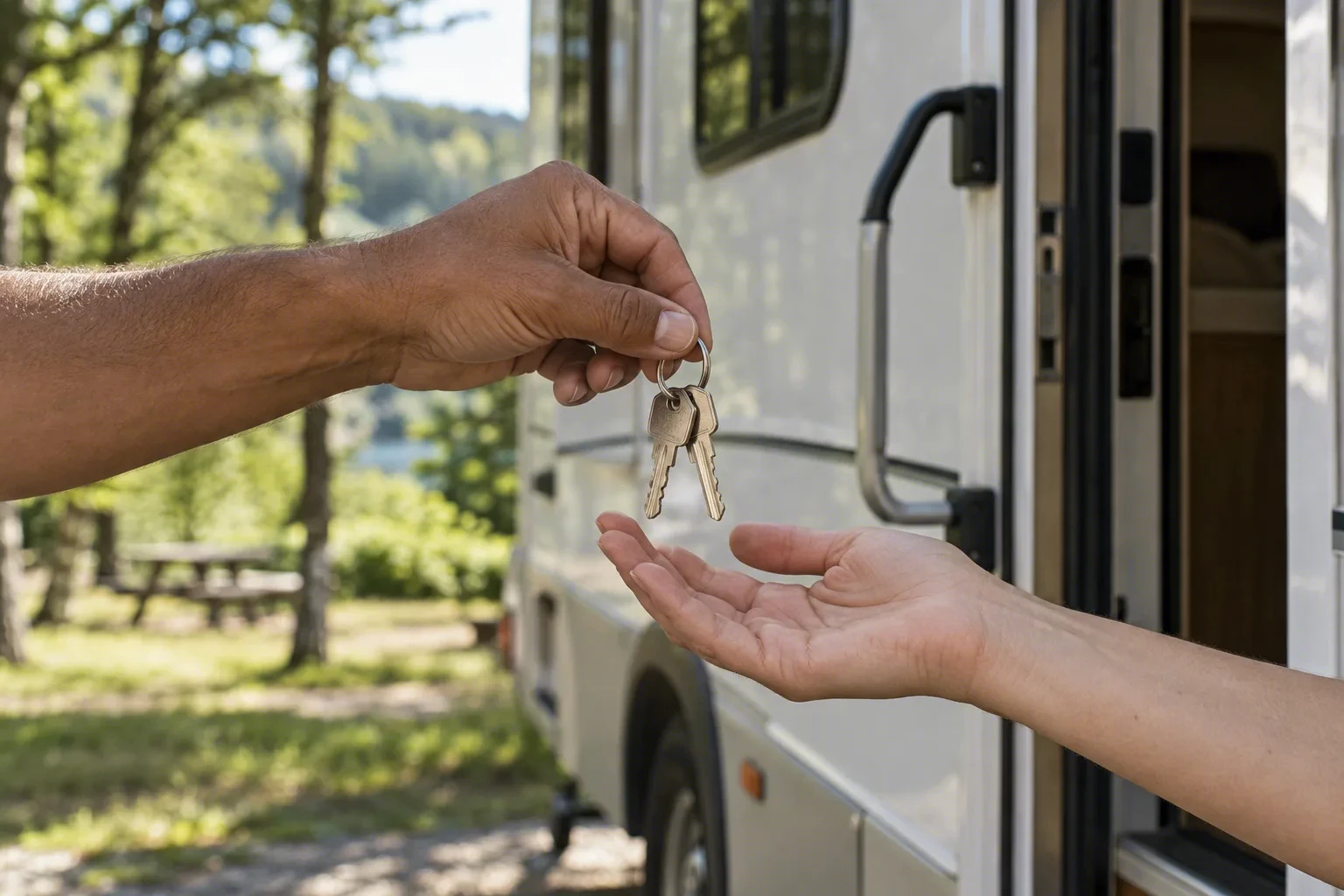 One hand dropping a set of keys into an open palm beside a parked motorhome