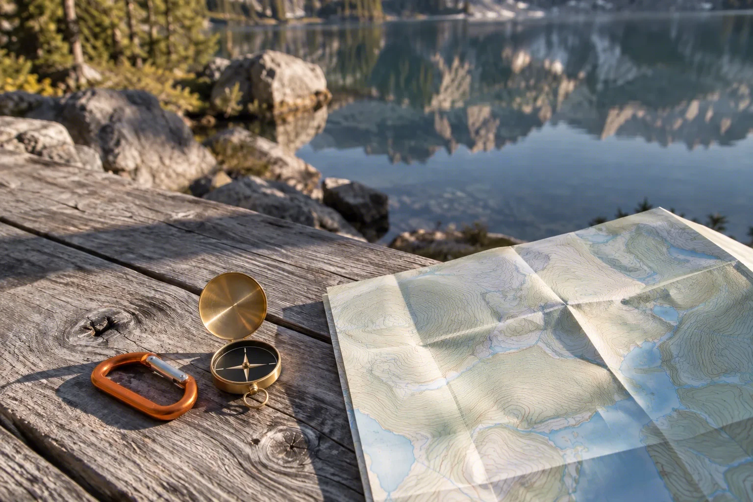 A folded paper map, a brass compass and a folding knife on a picnic table beside a still lake