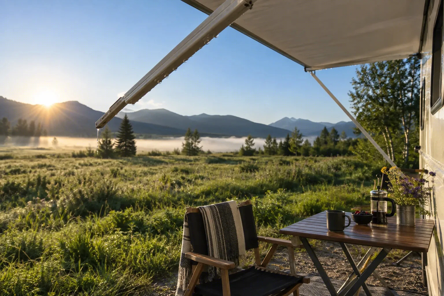 A camp table and chair under an extended awning, low sun over a misty meadow
