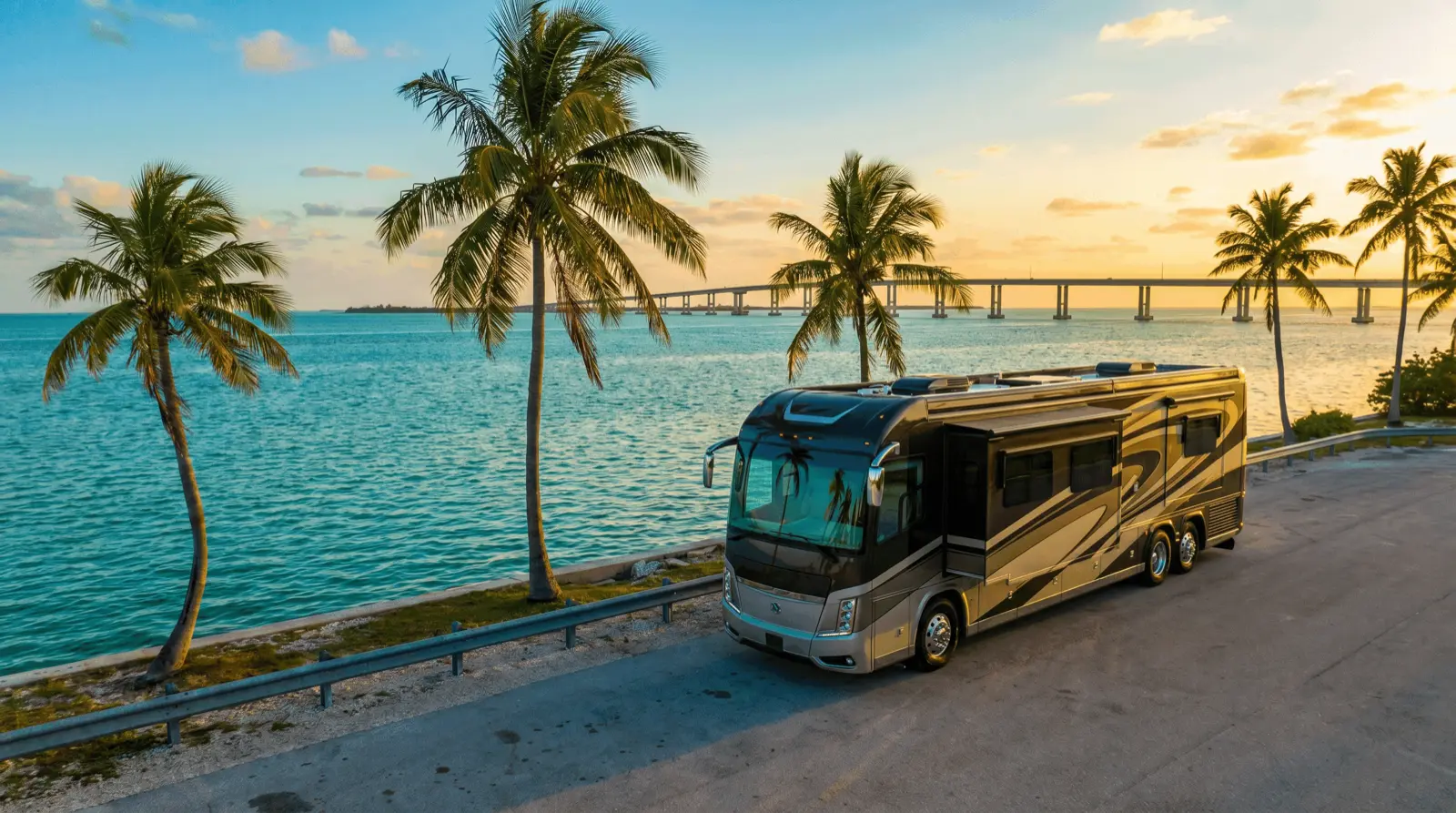 A Class A motorhome pulled over beside palms on the Overseas Highway in the Florida Keys, with the Seven Mile Bridge behind it.