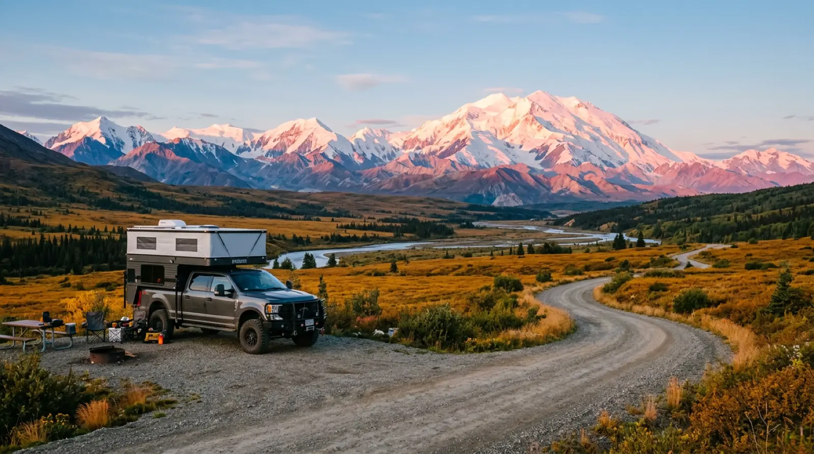 A truck camper on a gravel road in Denali National Park, Alaska, with the snow-covered Alaska Range beyond.