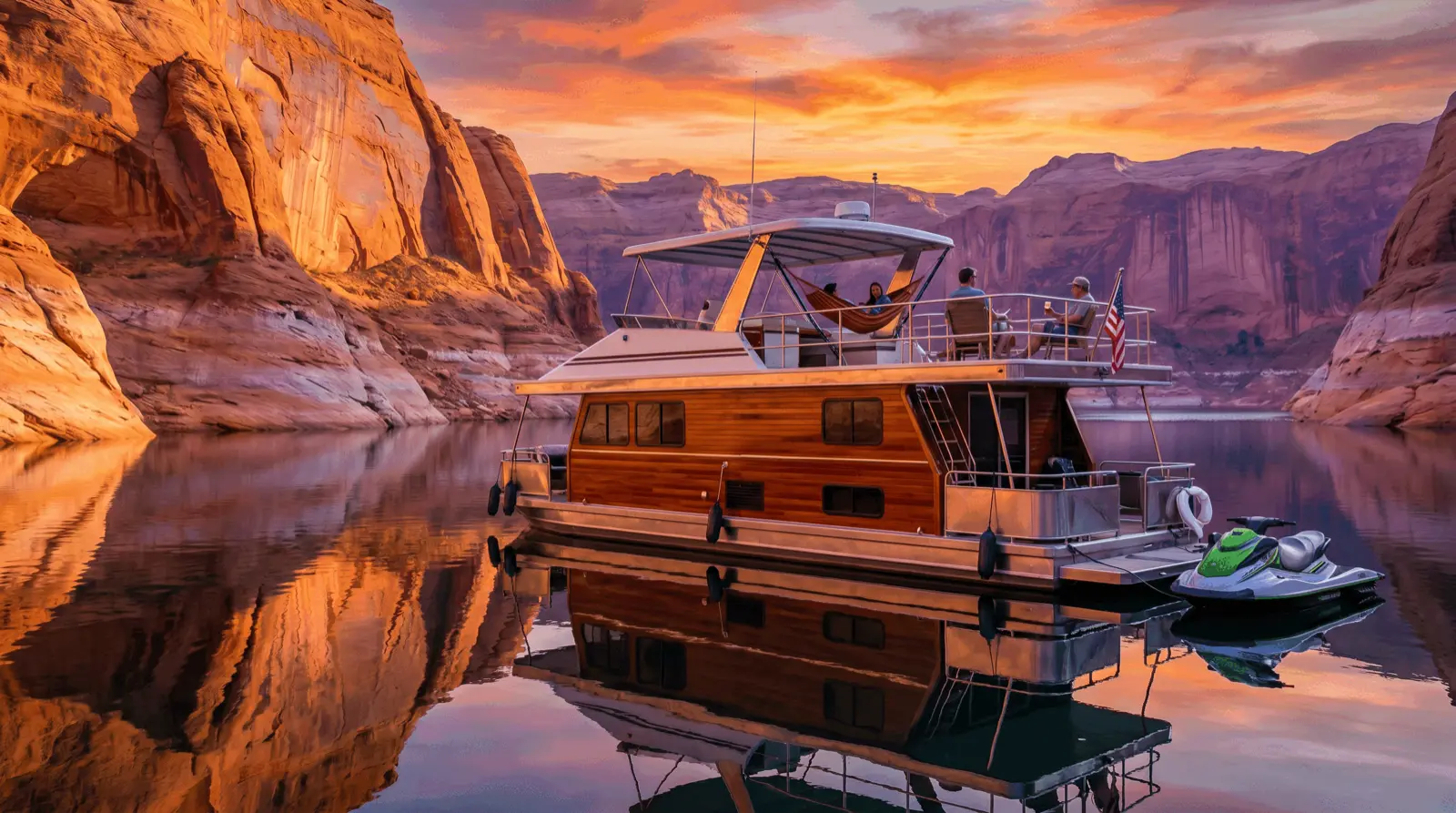 Houseboat moored in a red-rock canyon on Lake Powell at golden hour