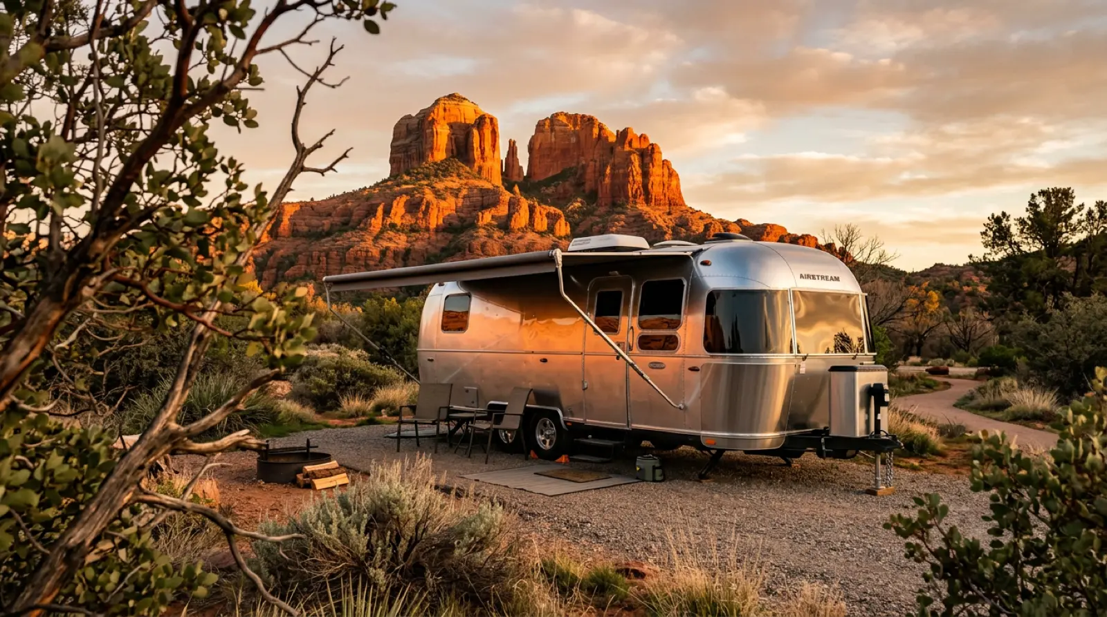 Polished aluminum travel trailer parked under red rock spires in Sedona