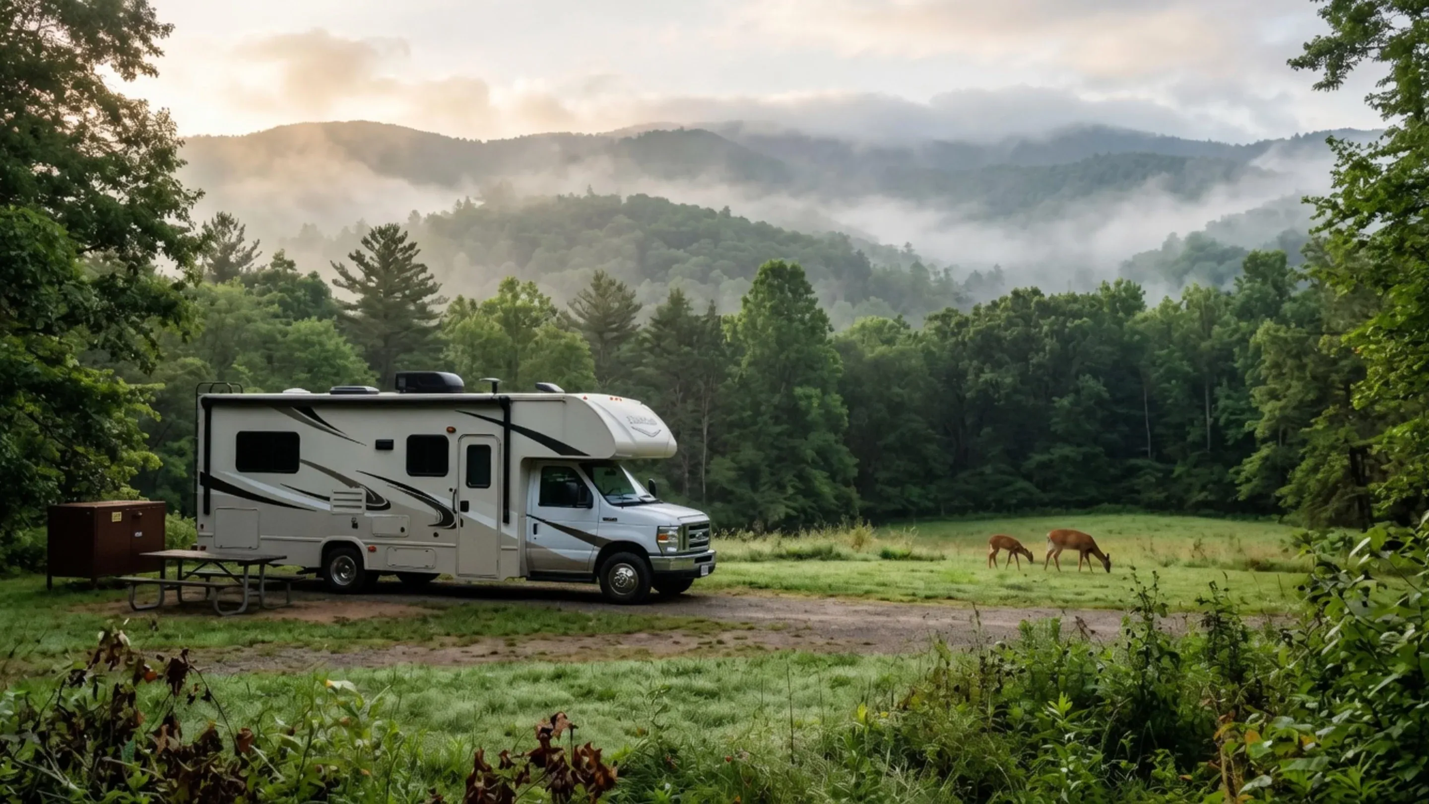 Class C motorhome with bunkhouse interior parked in Smoky Mountain forest