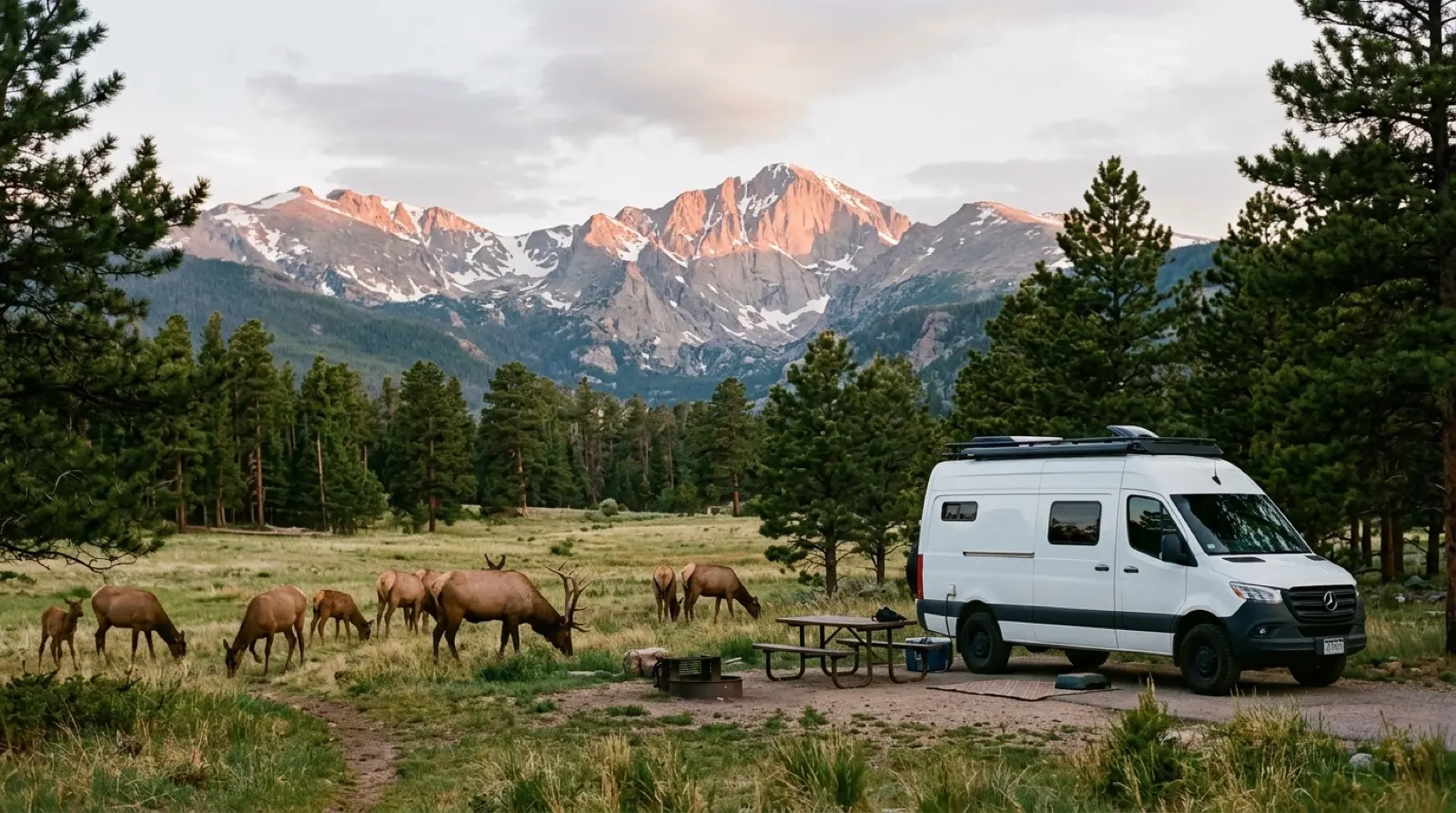 Class B camper van parked along a Rocky Mountain alpine pullout
