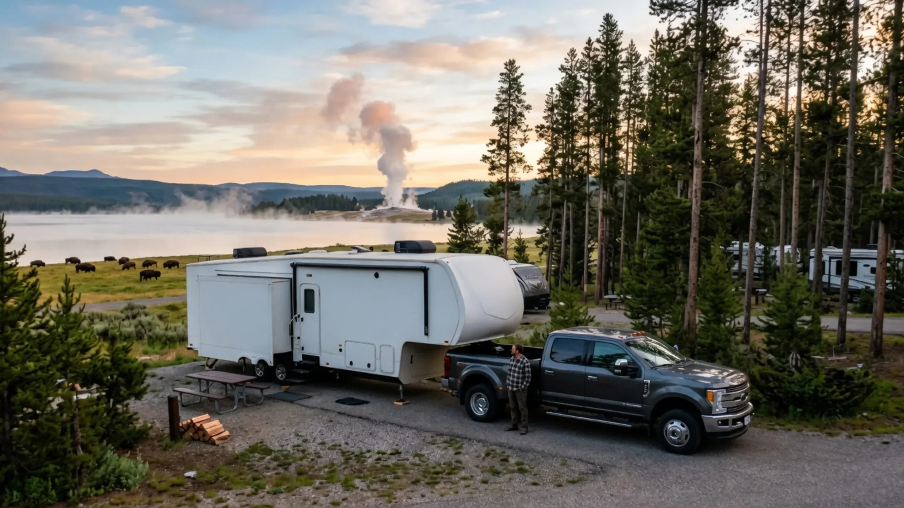 Fifth-wheel travel trailer parked near a Yellowstone overlook