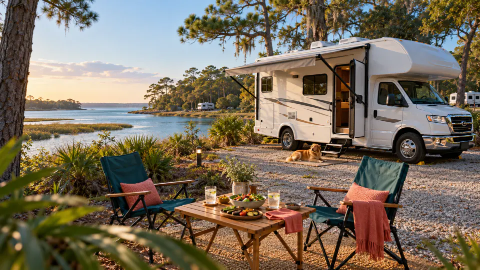 White motorhome with an awning beside coastal water, a dog, two camp chairs and a set dining table.