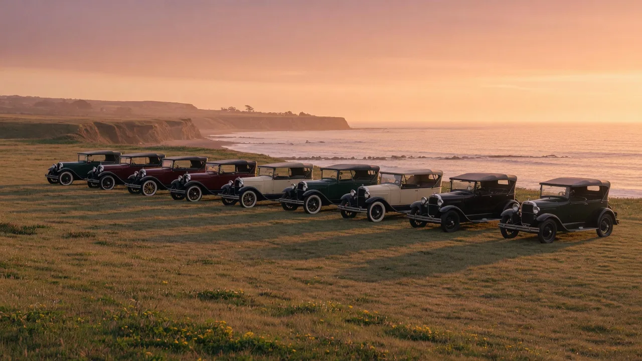 Row of pre-war classic cars lined up on a coastal bluff at sunset