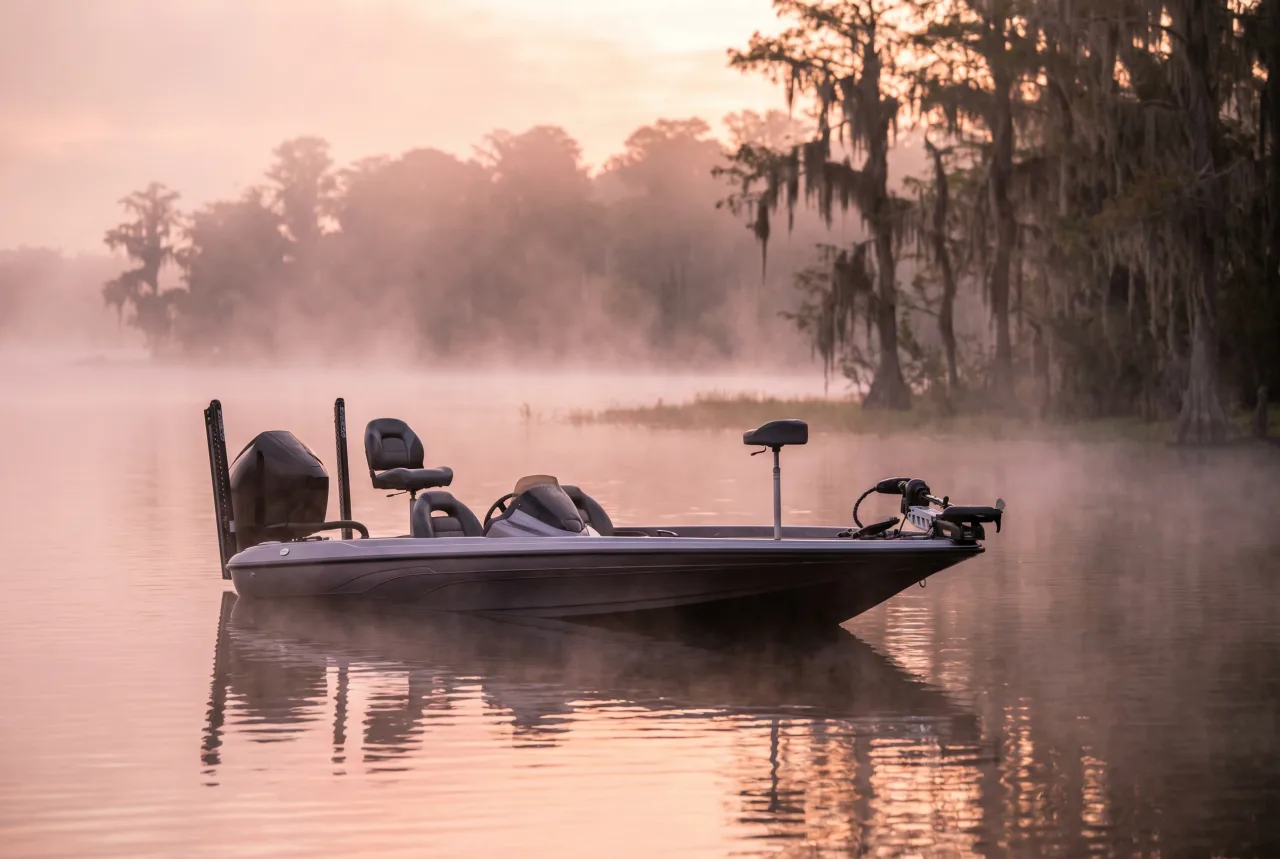 Bass fishing boat staged for a PickRV listing, low-profile angler deck