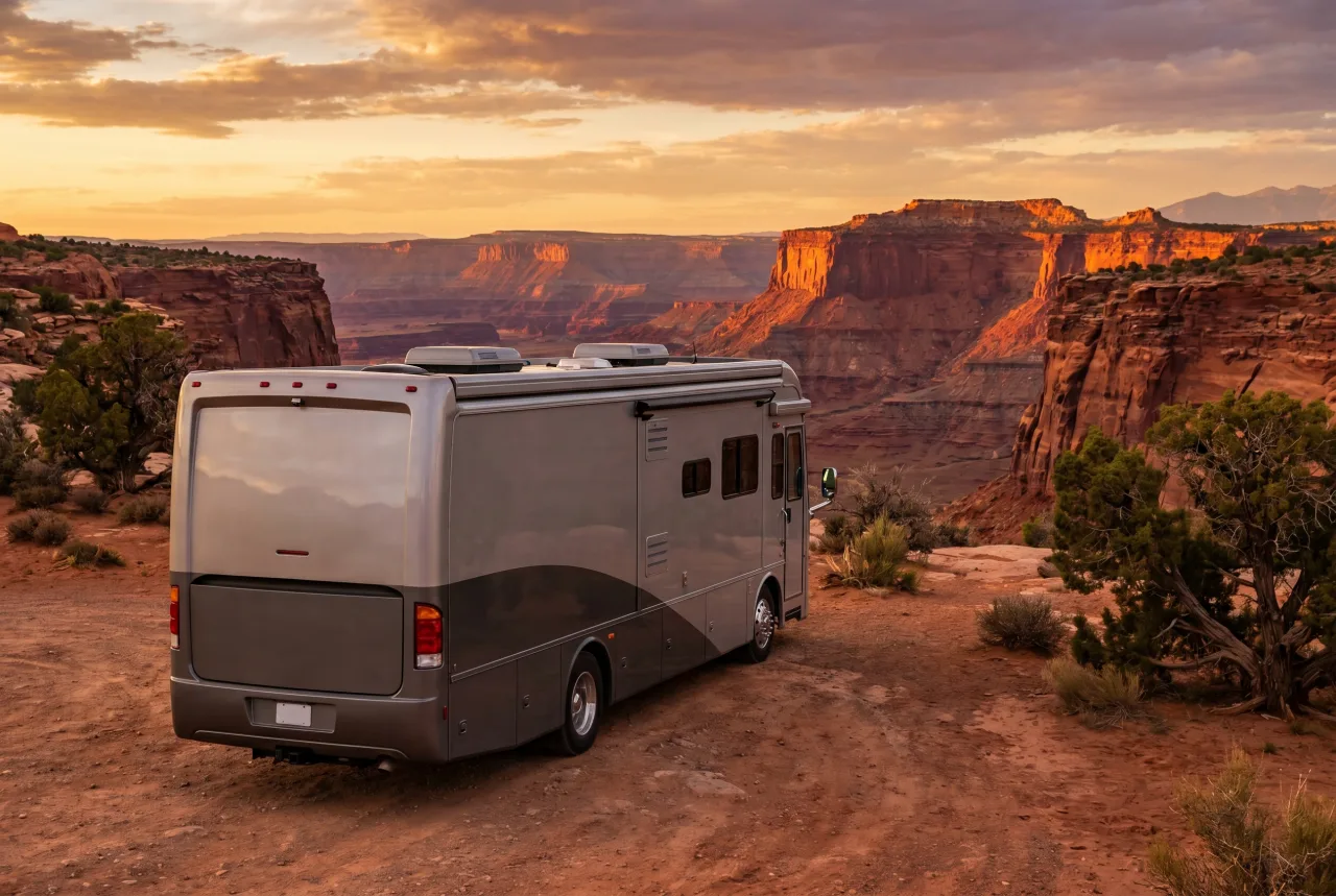 Class A motorhome staged for a PickRV listing, full-height coach profile