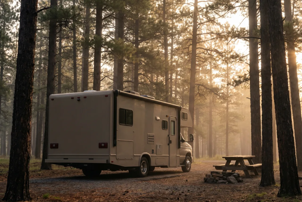 Class C motorhome staged for a PickRV listing, cab-over bunk profile