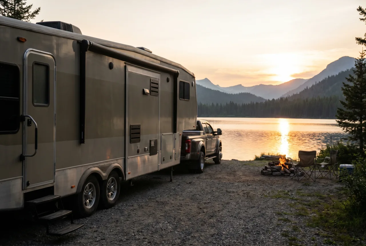 Fifth-wheel trailer staged for a PickRV listing, gooseneck hitch profile