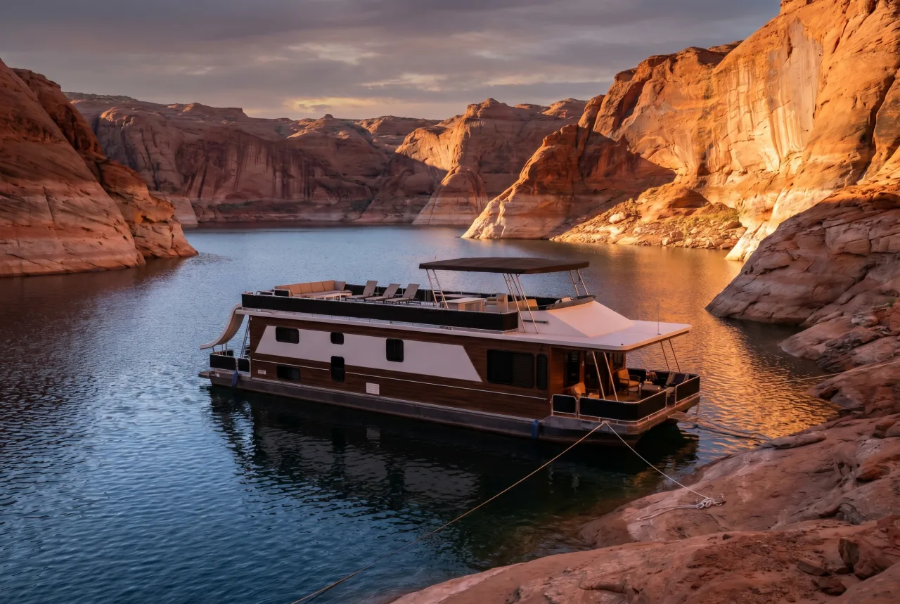 Houseboat staged for a PickRV listing, cabin-on-pontoon profile