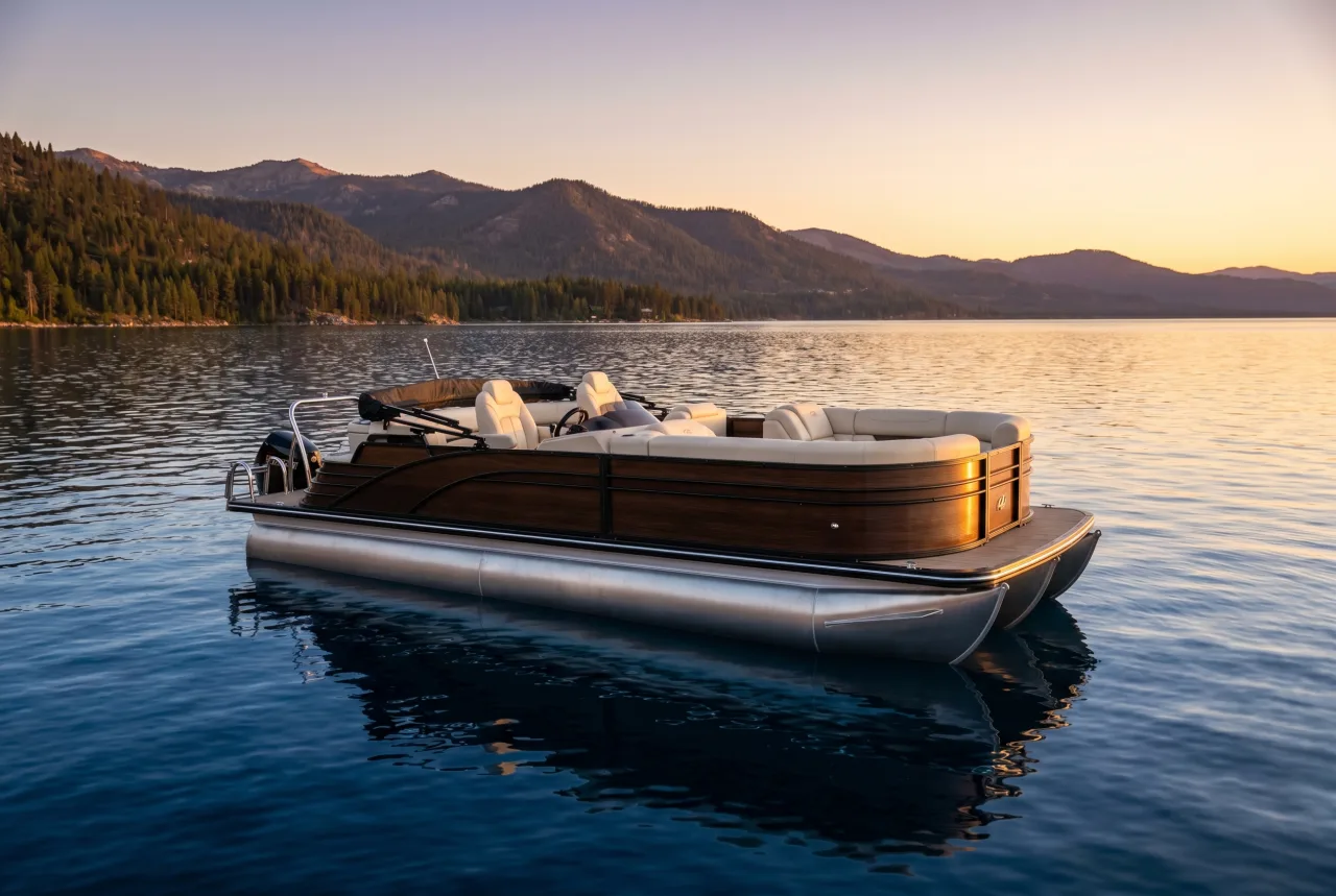Pontoon boat staged for a PickRV listing, flat deck on twin tubes