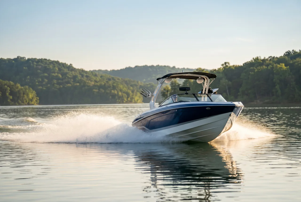 Ski boat staged for a PickRV listing, open-bow tow sport profile