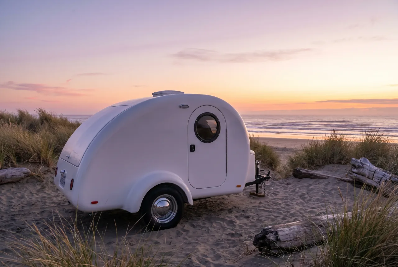 Teardrop camping trailer staged for a PickRV listing, lightweight profile