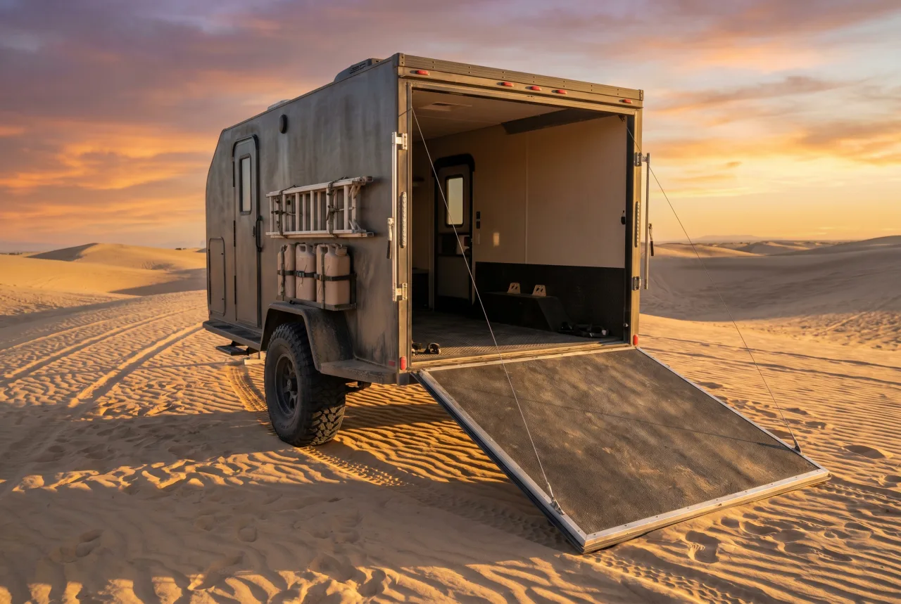 Toy-hauler trailer staged for a PickRV listing, rear cargo ramp profile