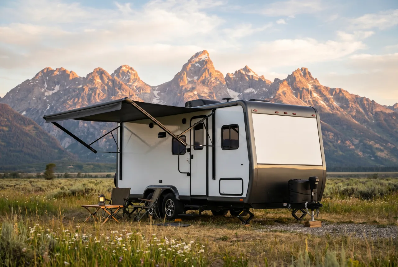 Travel trailer staged for a PickRV listing, half-ton towable profile