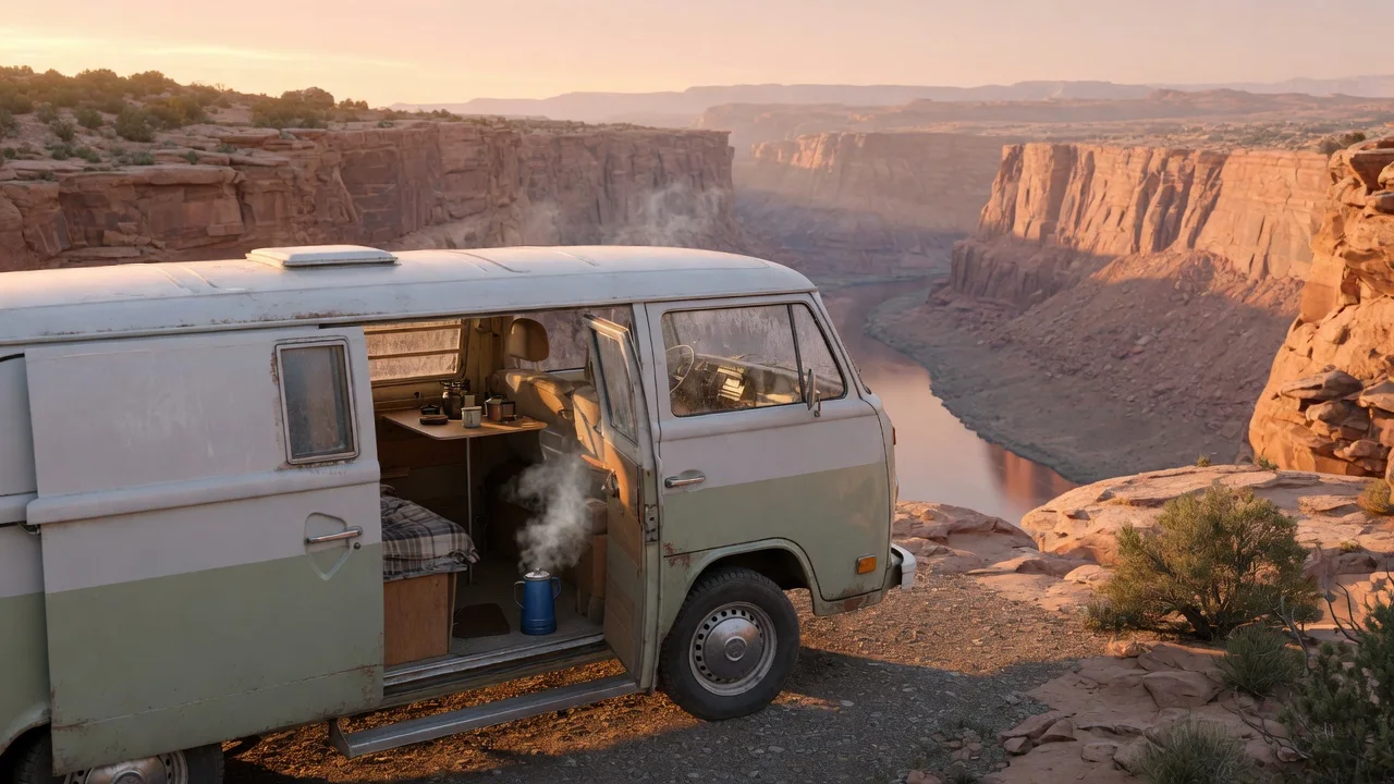 Camper van with doors open at a canyon overlook