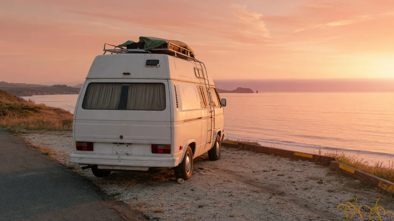 White camper van parked above the shoreline at sunset