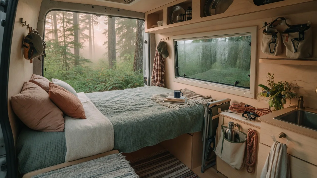 Cozy van bed with a wide window onto deep forest