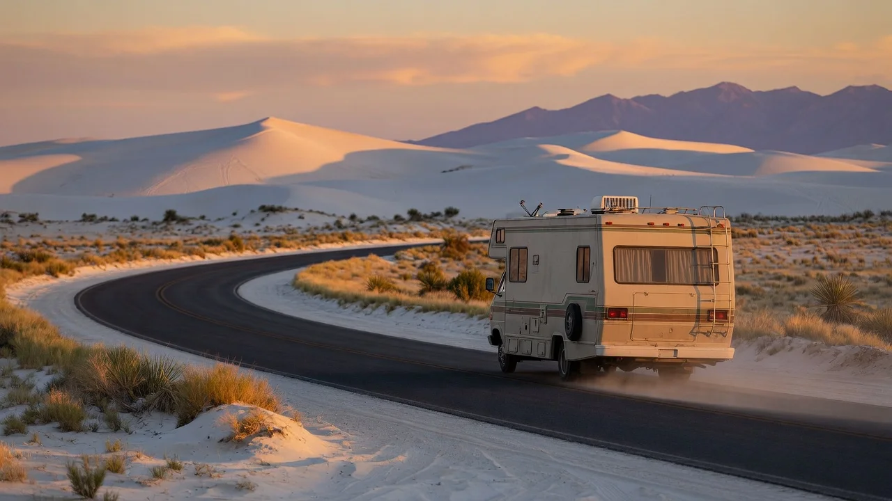 RV on the open road in New Mexico