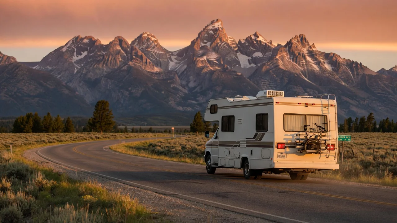 RV on the open road in Wyoming