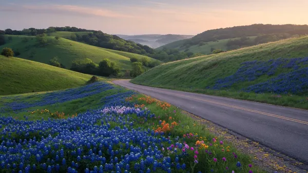 Bluebonnets blooming along a Texas Hill Country road