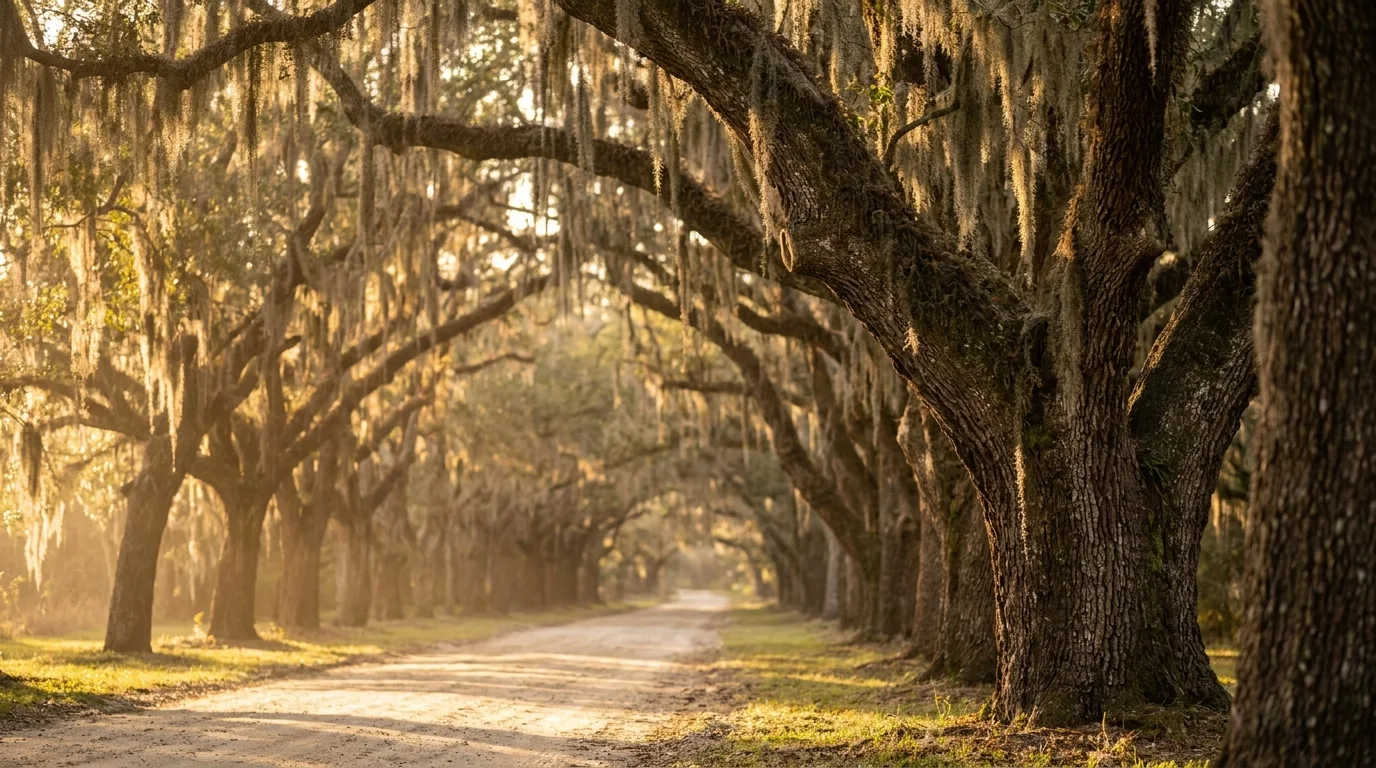 Savannah Georgia historic square with massive live oak trees